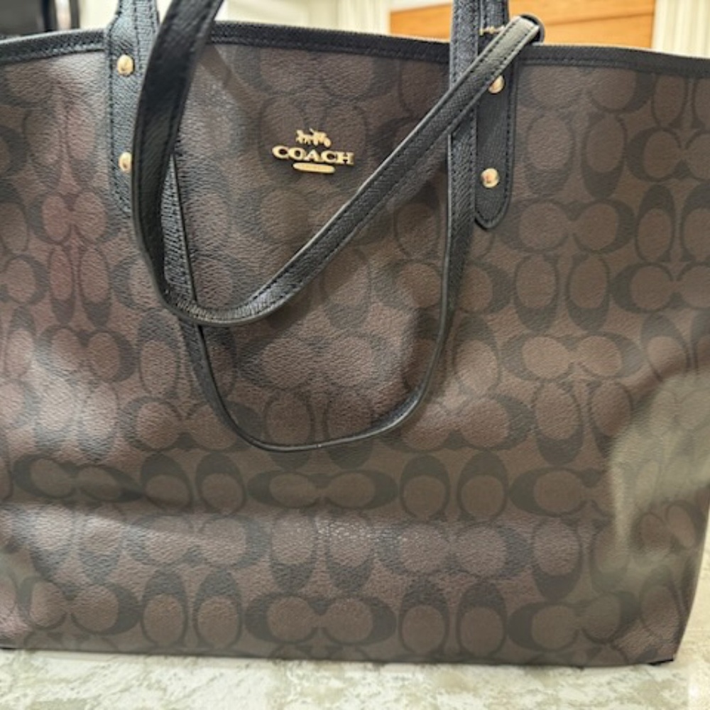 Coach Brown Signature Canvas Tote with Black Trim - Picture 9 of 15
